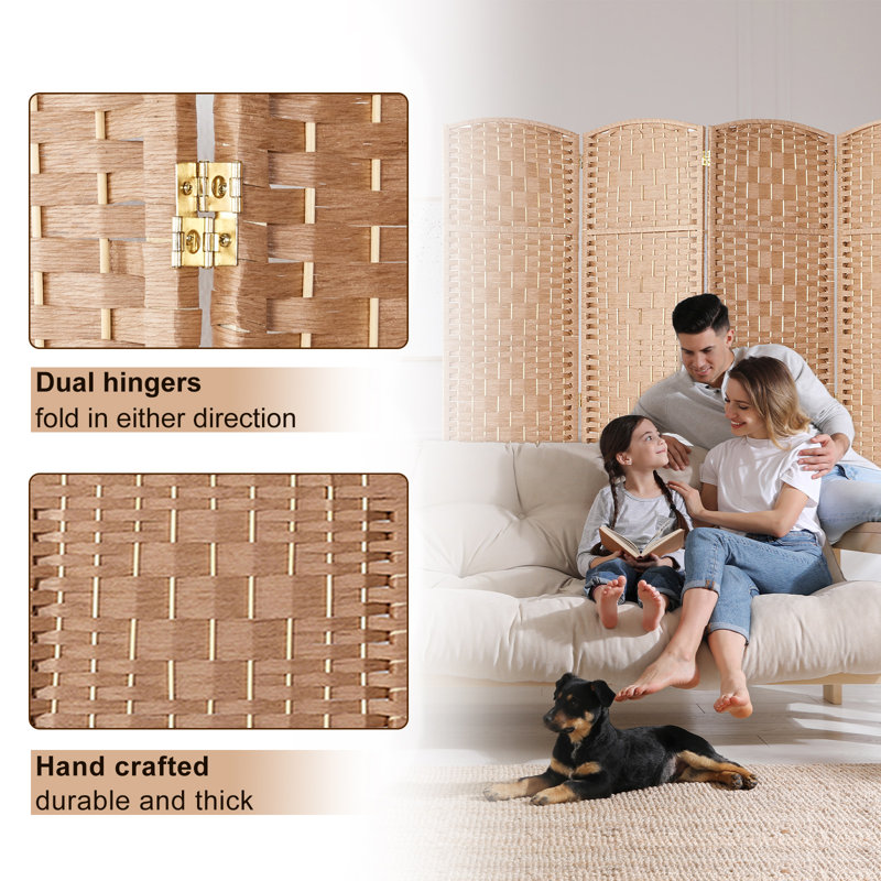 Elmina 6 Ft Folding Room Divider Privacy Screen Home Decor Diamond Weave Fiber Double Hinges, Natural, 4