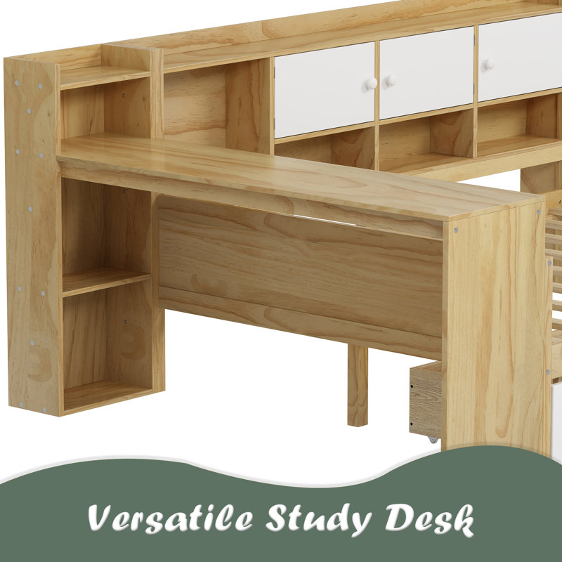Wooden L-Shape Daybed With Seven Storage Cabinets And Two Storage Drawers, Multi-Functional Bed With Study Desk And Built-In Bookshelf