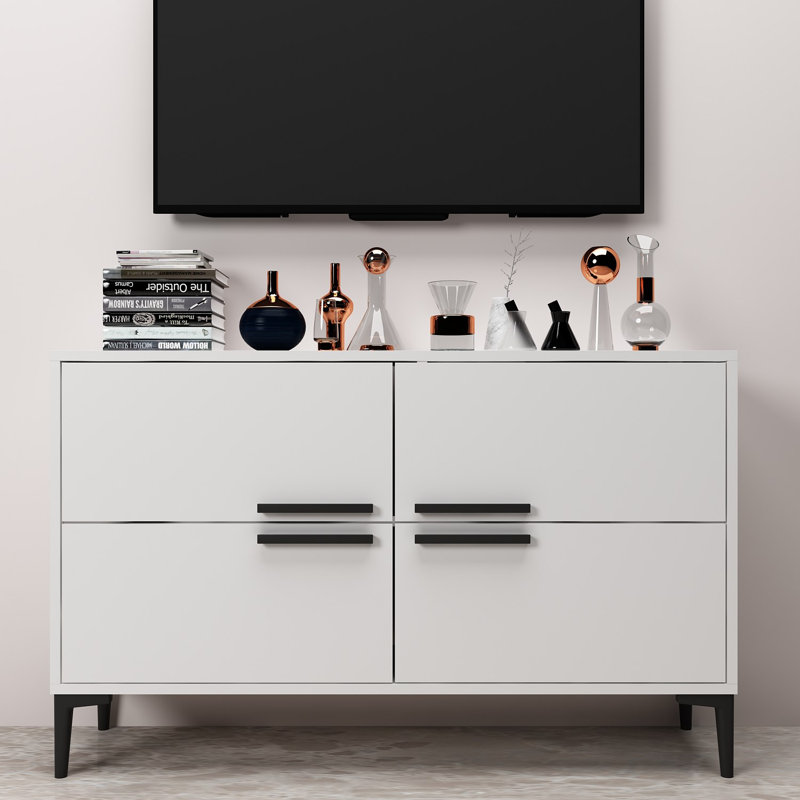 Meuble télé moderne blanc de 47,2 po x 29,5 po x 11,8 po | 100% panneau de particules enduit de mélamine, épaisseur: 0,7 pouce | Pieds robustes en PVC, design élégant pour le salon et les espaces de divertissement | Mobilier élégant et fonctionnel