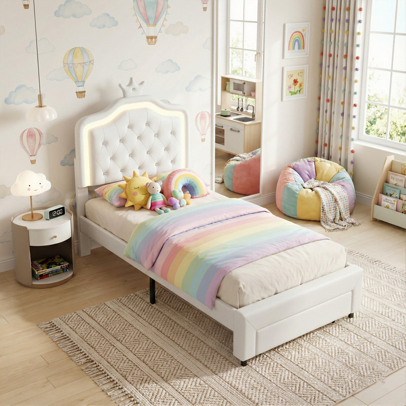 UK Single Princess Bed With LED Crown Headboard & Storage Drawer, Pink & White Faux Leather, White