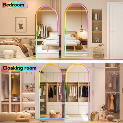Arch LED RGB Bluetooth Full Length Mirror with Stand ＆ 7 Color Lighting Modes, Full Body Mirror with White Frame for Bedroom, Living Room, Dressing Room