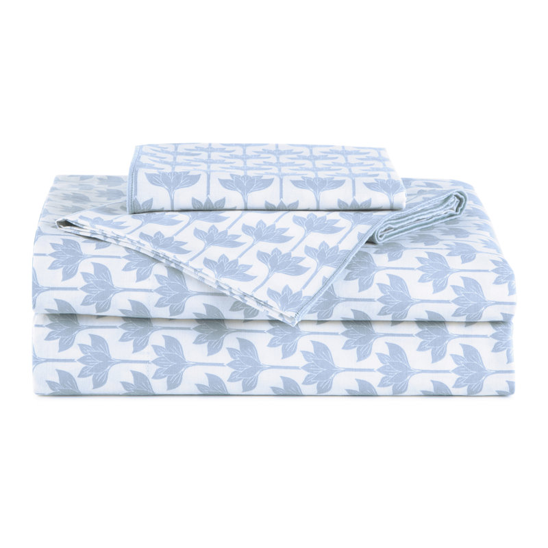 Novogratz by Utica Long Stem Lotus Sheet Set, Full Sheet Set with Fitted Sheet, 2 Pillowcases, Sky Blue
