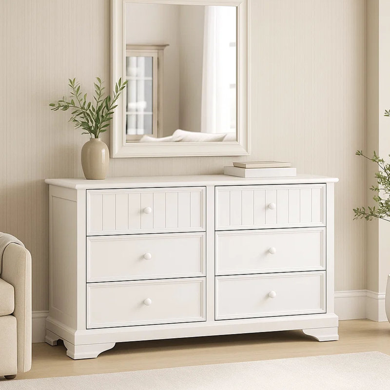 Commode large Toli, 6 tiroirs avec boutons ronds, bois franc blanc massif
