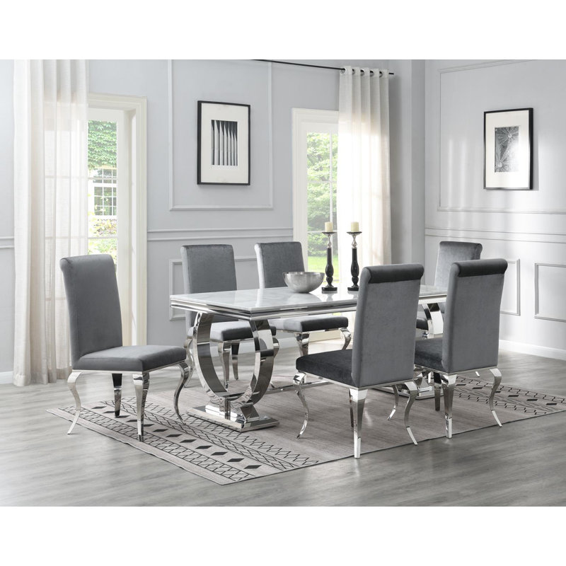 Table de salle à manger (marbre blanc) et 6 chaises en velours gris, White Marble, 7 Pieces: Table, 6 Chairs, Grey