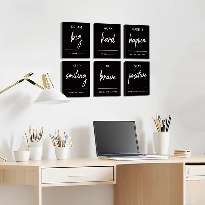 Office Wall Art, Inspirational Wall Decor For Bedroom, Motivational Positive Quotes Wall Decor For Office, 8"X10" Canvas Wall Art Set Of 6, Black And White Prints (Black And White)