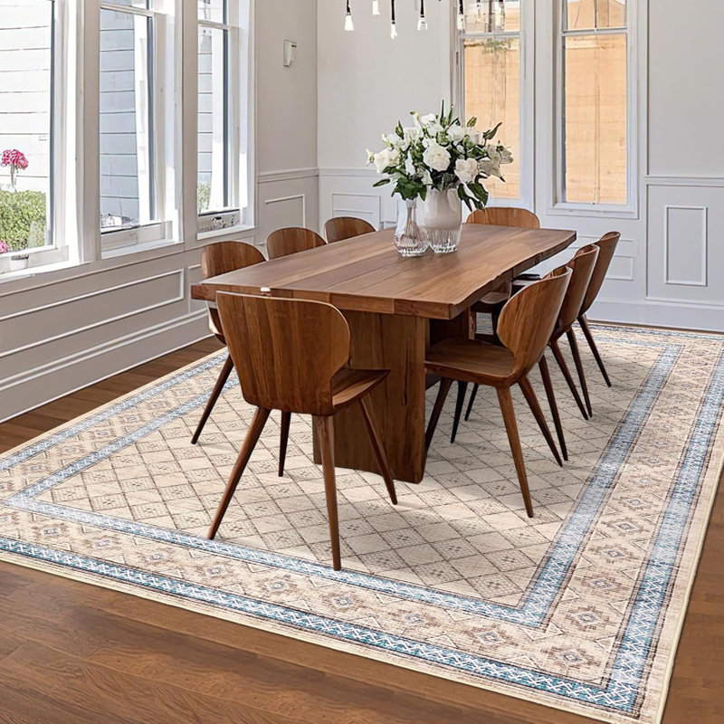 Tapis lavable, antidérapant, grand tapis moderne à bordure, tapis à poils courts résistant aux taches pour la cuisine, la chambre à coucher, le bureau, beige