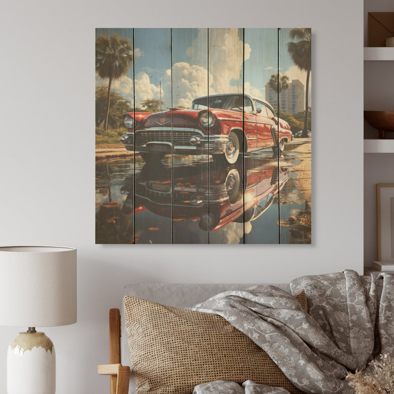 Voiture rétro classique rouge rétro - Art rétro sur bois de pin naturel, H 15 po x l 15 po