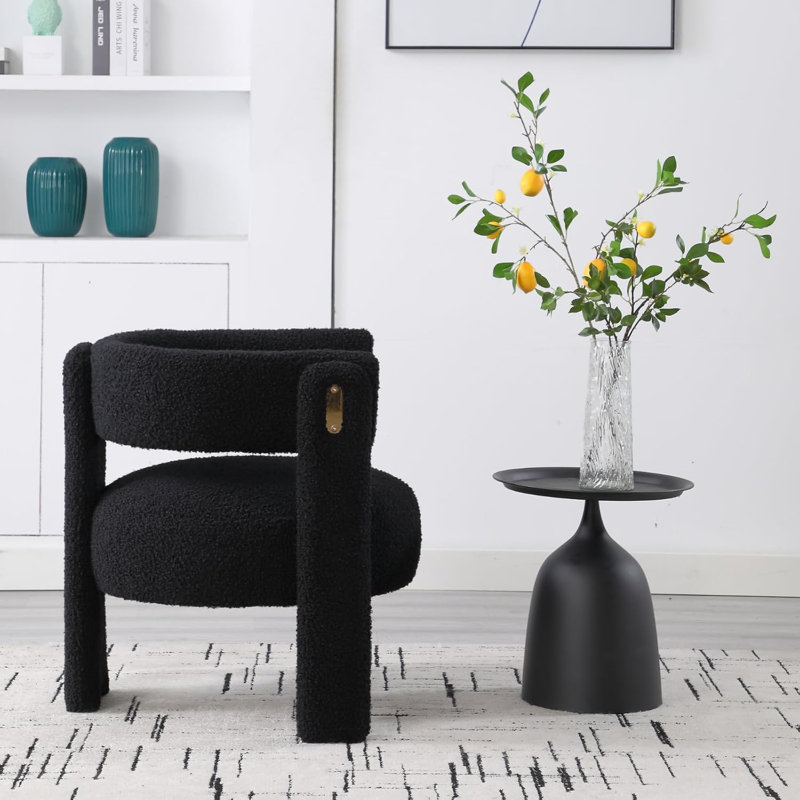 Boucle Barrel Accent Chair With Open Back Round Corner, Black