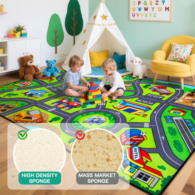 Kids City Road Play Rug 5x7 Ft, Realistic Car Road Carpet with 0.4" Thick Soft Cushion, Non-Slip Floor Mat for Playroom Bedroom,Green