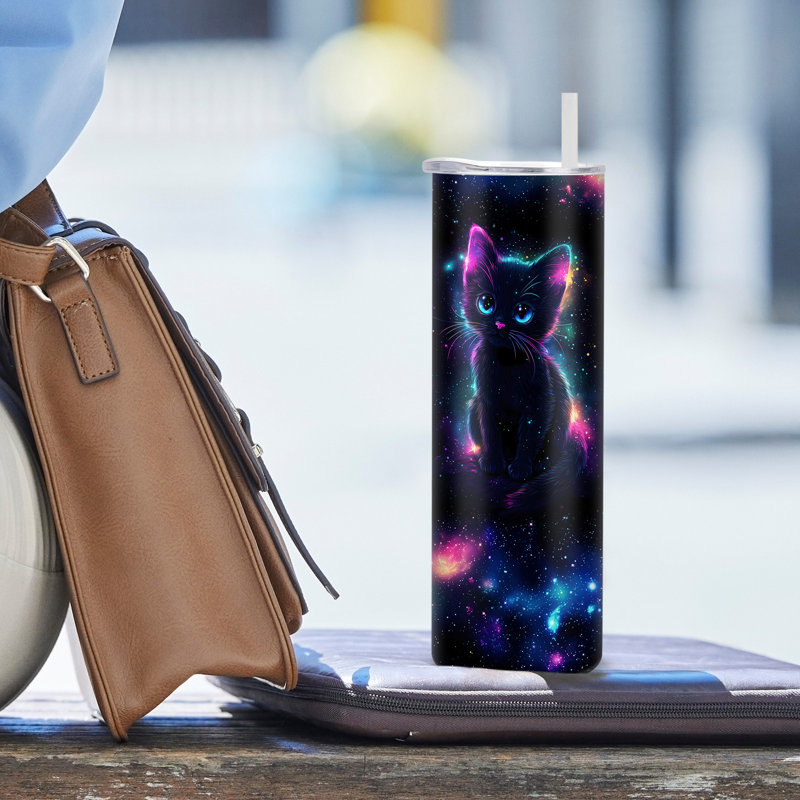 20 oz Gobelet en acier inoxydable à double paroi isolé sous vide avec couvercle et paille, galaxie néon