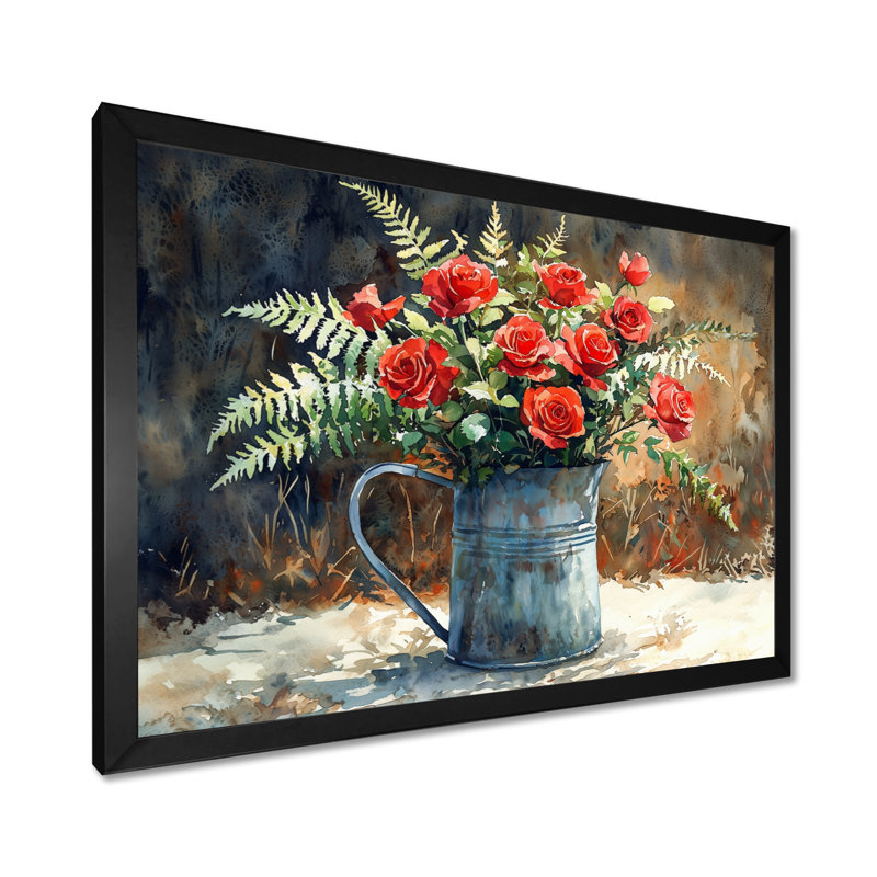 «Rose Bouquet Into Farmhouse Vase II», impressions sur toile roses, H 24 po x l 32 po, Avec cadre, Noir