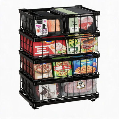 Expandable & Stackable Chest Freezer Baskets - Metal Wire Storage Bins with Fold-Down Handles - 15KG Load Capacity - Ideal for Bulk Meat & Frozen Food Organization - Black
