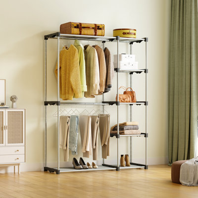 Organisateur de garde-robe portatif pour suspendre les vêtements, support à vêtements en métal, support à vêtements autoportant avec tablettes, grande armoire portative pour le rangement des vêtements, gris (68,1 po x 46,5 po x 19,2 po)