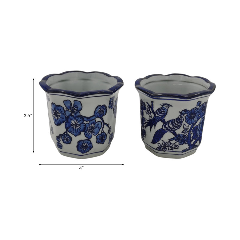 Contenants de rangement en grès cérame à motif floral et scénique traditionnel Glam Decor pour la maison ou le bureau, ensemble de 2 à 4 po - bleu et blanc