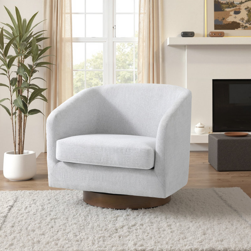 Applewold Upholstered Beige Chenille Swivel Barrel Chair with Solid Wood Base, Beige Chenille