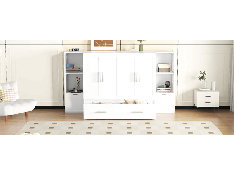 Lit escamotable avec tablettes, tiroirs et ports USB Murphy, Blanc, Grand lit