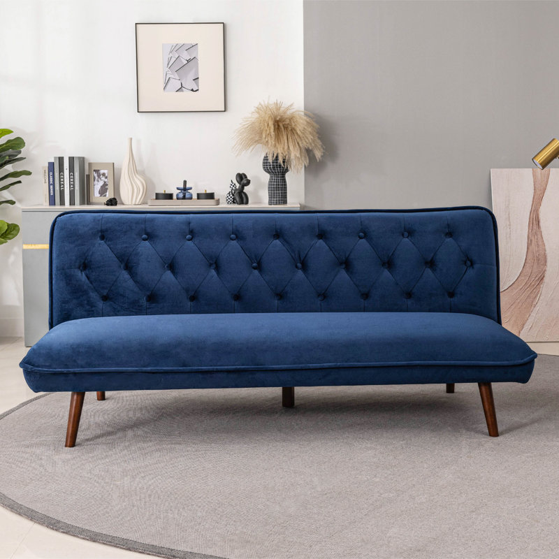 Jolee 70.4" Mid Century Modern Velvet Armless Convertible Futon, Twin Size, Blue