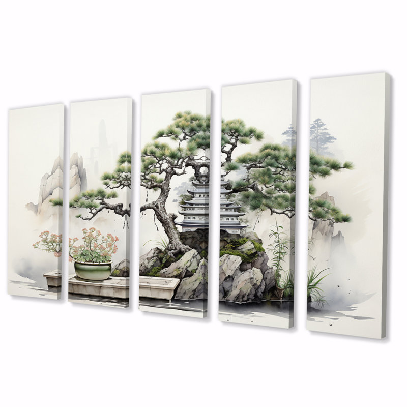 «Japon Art Meditation Green Bonsai I», reproduction d'art sur toile - 5 panneaux égaux