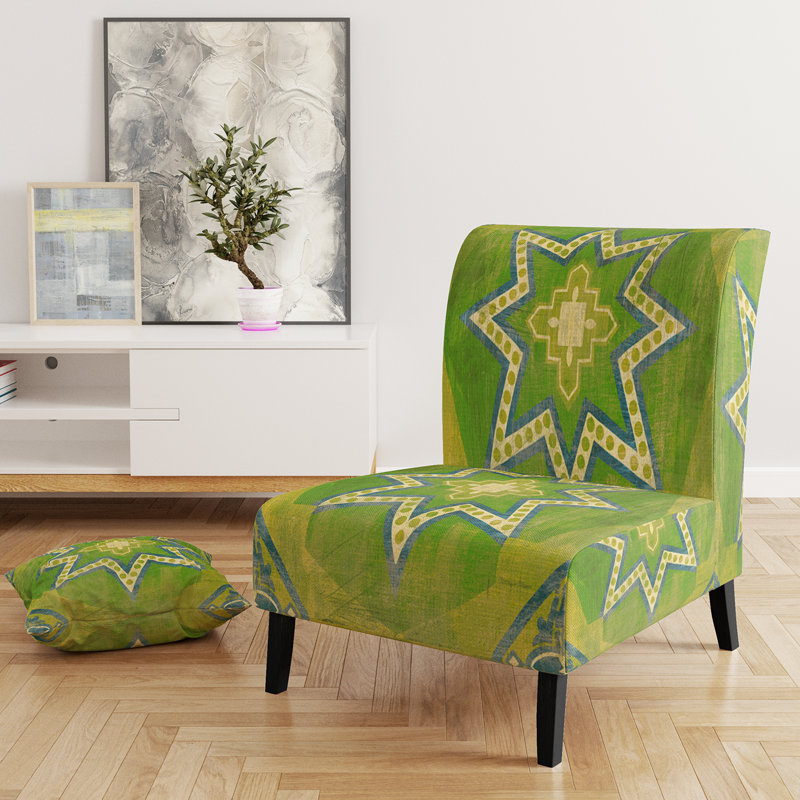 Moroccan Orange Tiles Collage I - Velvet Bohemian Chic Upholstered Slipper Chair, Green/Lime Green