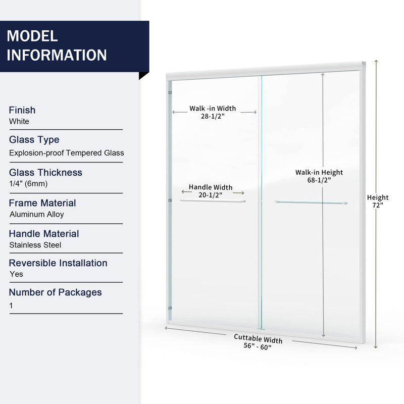 Double Sliding Shower Door, Semi-frameless Bypass Bathroom Sliding Door, White