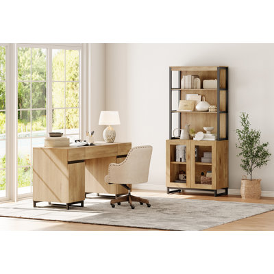 Ensemble de bureau à domicile WAMPAT: bureau de direction 59 po avec station de charge et armoire de rangement, bibliothèque de 72 po de hauteur, bureau d'ordinateur moderne et tablette de bibliothèque