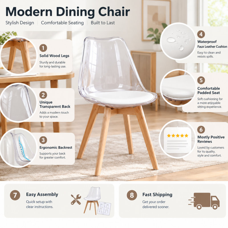 Fashank 19''W Modern Upholstered Transparent Dining Chairs with Solid Wood and Cushions Seat, Clear