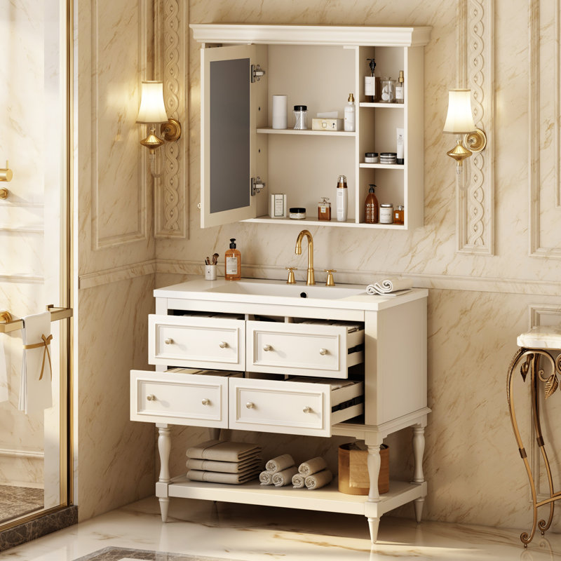 Meuble-lavabo de 36 po avec armoire à pharmacie, armoire à miroir moderne avec tablette réglable, armoire de rangement pour salle de bain à 4 tiroirs, armoire de rangement pour cadre de salle de bain en bois massif