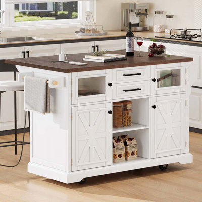 Kitchen Island with Drop Leaf, Power Outlet,4 Door Shelves by Alcott Hill