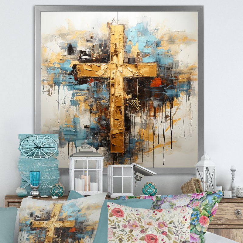 Divine Love, croix religieuse III sur toile, H 24 po x l 24 po x P 1 po, Cadre simple argenté