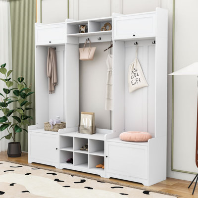 Multi-Functional Entryway Hall Tree with Cabinets, Hooks, and Anti-Tip Safety