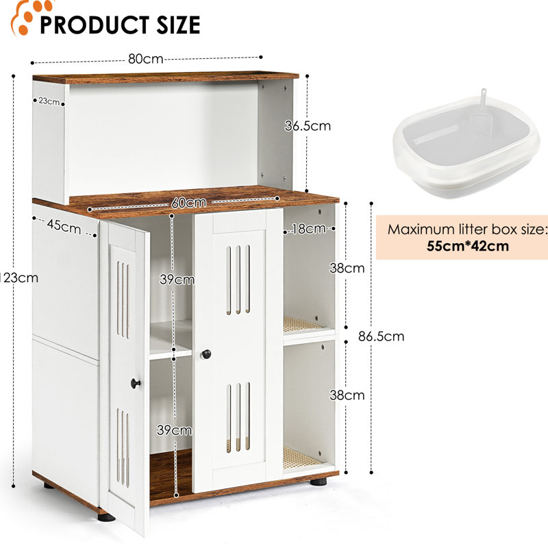Double litière, salle de chat cachée pour 2 chats, conception multi-usage, portes, trous d'aération, meubles en bois pour panneaux de particules, fonctionnalité de cabinet latéral, intimité et rangement, blanc