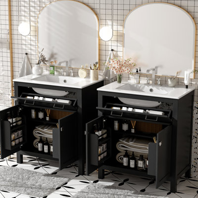 60" Black Bathroom Vanity With Double Vanities, Ceramic Sinks, Adjustable Shelf, Gracefully Shutting Hinges, Flip Drawer - Elegant Sanctuary Modern Vanity, U-Shaped Quiet Close Doors, Practical