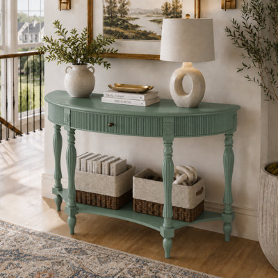 Console demi-lune cannelée en bois massif rétro avec tablette ouverte à tiroirs et colonne romaine avec pieds sculptés