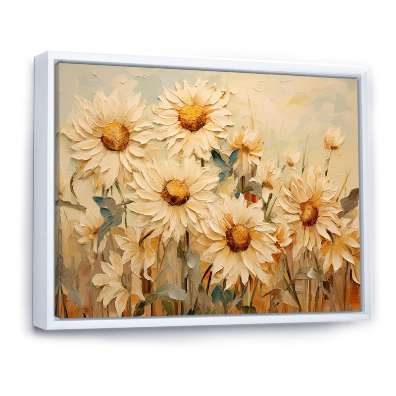 Minimalisme, tournesols beiges efflorescence I sur toile, Cadre flottant blanc, H 16 po x l 32 po x P 1 po