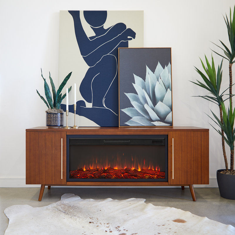 Morris 72" Mid-Century TV Stand with Electric Fireplace by Real Flame, Standard, Vintage Black Maple