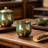 Japanese Tea Set, Kiln-Formed Ceramic Teapot with Plum Blossom Embossed Design, Includes 1 Teapot, 6 Teacups, Bamboo Tea Tray and Stainless Steel Strainer, for Home, Outdoor, Gift, Chinese Kung Fu Tea Style, Dark Green