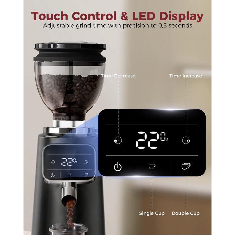Moulin à café plat avec moules espresso Tuni G3 64 mm, ensemble de moulin à espresso électrique 100 réglages de mouture | Écran tactile de précision de qualité commerciale | Technologie antistatique | Acier inoxydable (noir)