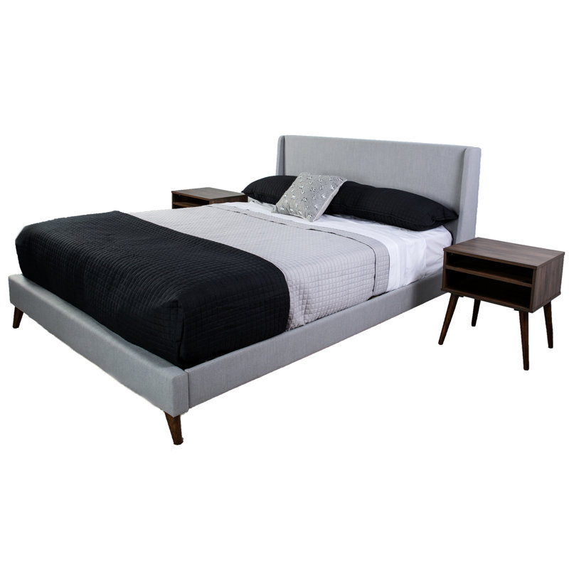 Lit très grand tapissier à 100% et 2 tables de chevet, couleur pierre, nécessaire de chambre à coucher gris