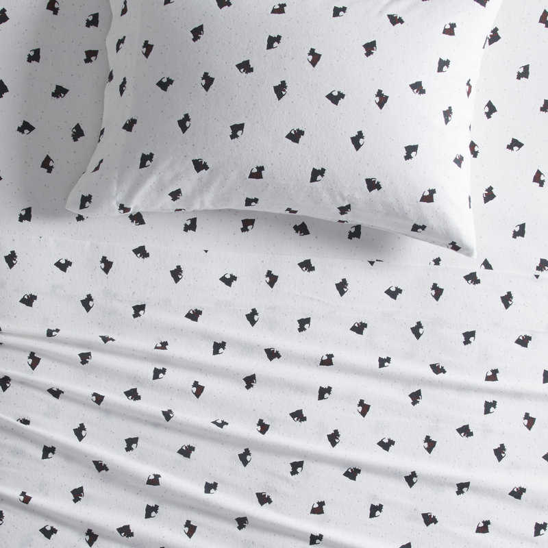 Full Black and White Cotton Flannel Sheet Set with Scottie Dogs