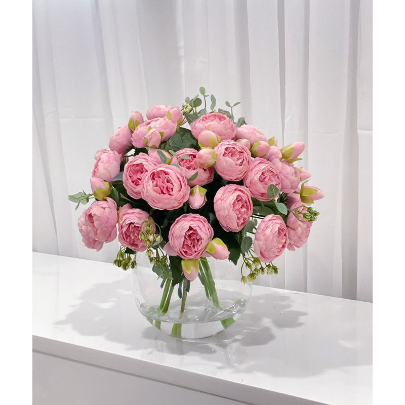 White Peony Faux Centerpiece In Glass Vase, Pink