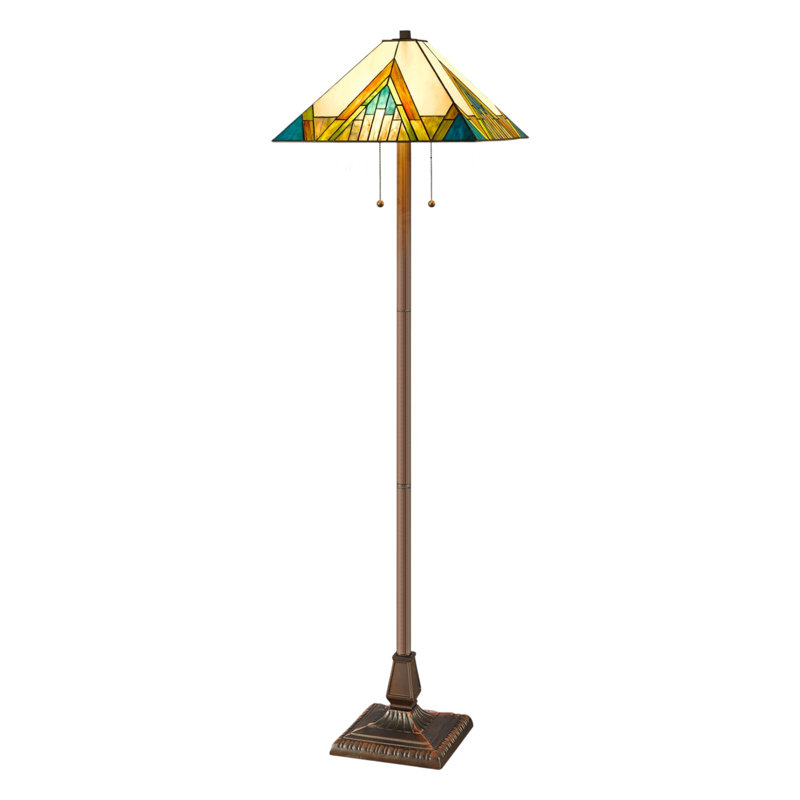 Lampe sur pied 62 "à deux lumières de style Tiffany avec abat-jour en verre coloré bleu ambre et vert