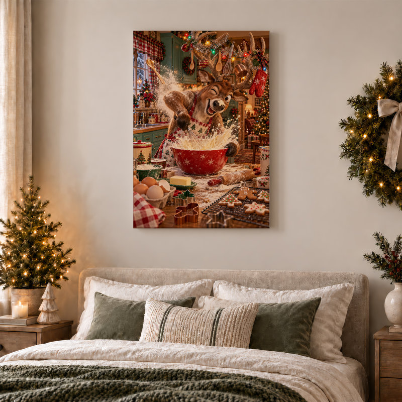 «Reindeer Splashing Flour in Kitchen Kitchen», art mural sur toile, H 36 po x l 24 po