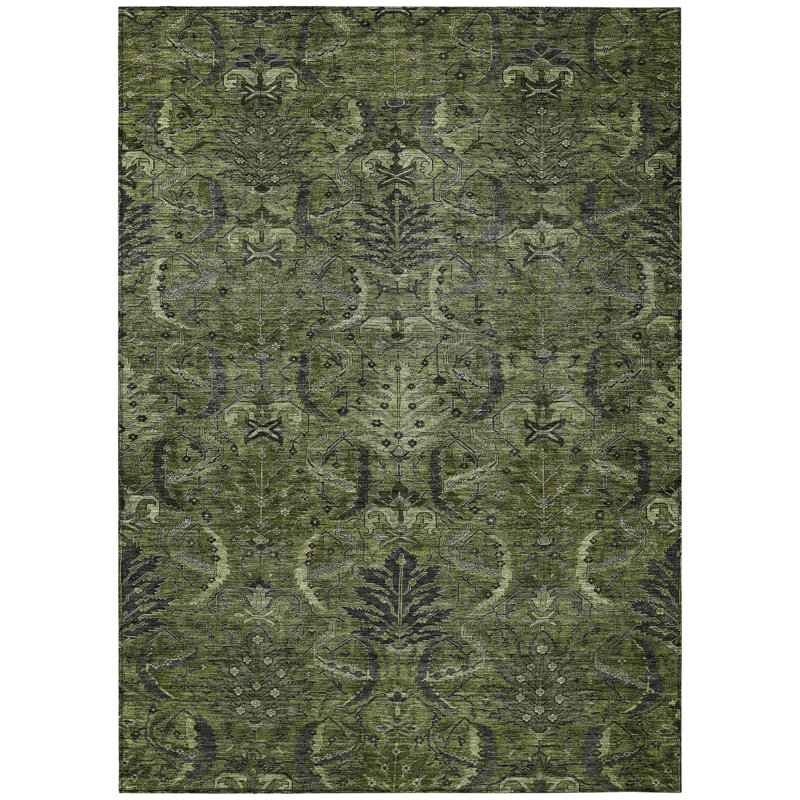 3' X 5' Olive Green And Charcoal Damask Washable Indoor Outdoor Area Rug
