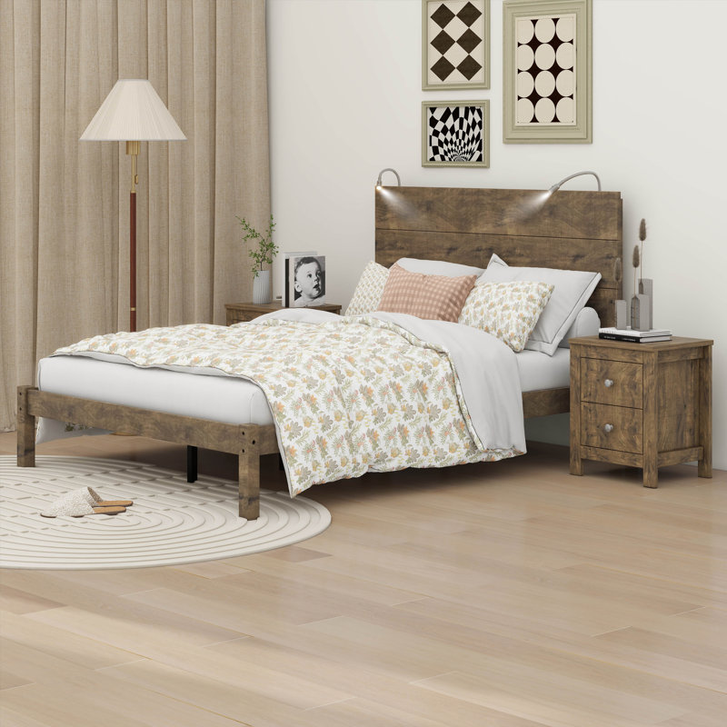 Ensemble de chambre à coucher 3 pièces, lit plateforme avec deux lumières de chevet, table de chevet 2 tiroirs, Double