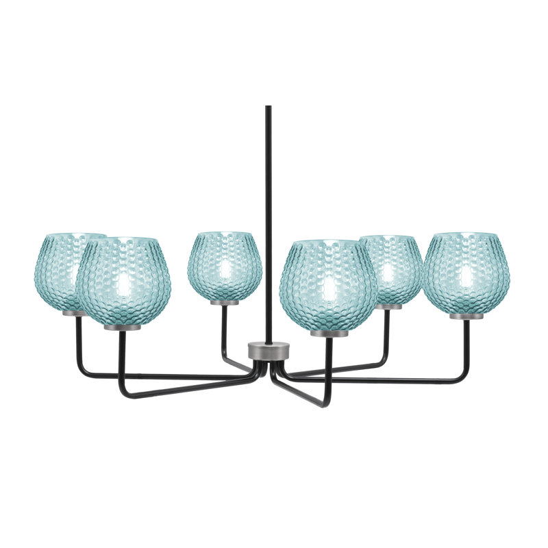 Lustre 6 lumières Amarmula, noir mat et finition graphite, verre texturé turquoise 6 po, Sarcelle, Noir / nickel