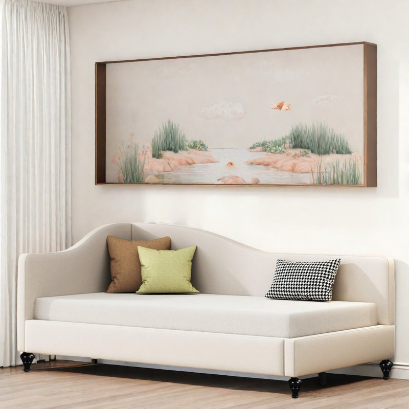 L-shaped Linen Daybed With Solid Wood Legs, Twin, Beige