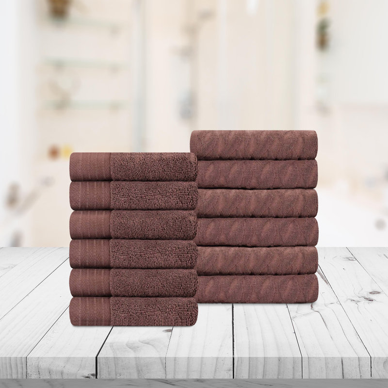 Ensemble de 12 serviettes de toilette en jacquard de coton turc et en coton uni Dayeli, Chocolat