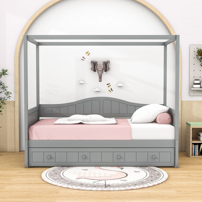 Twin Canopy Daybed with Twin Trundle and Sturdy Slats, Gray