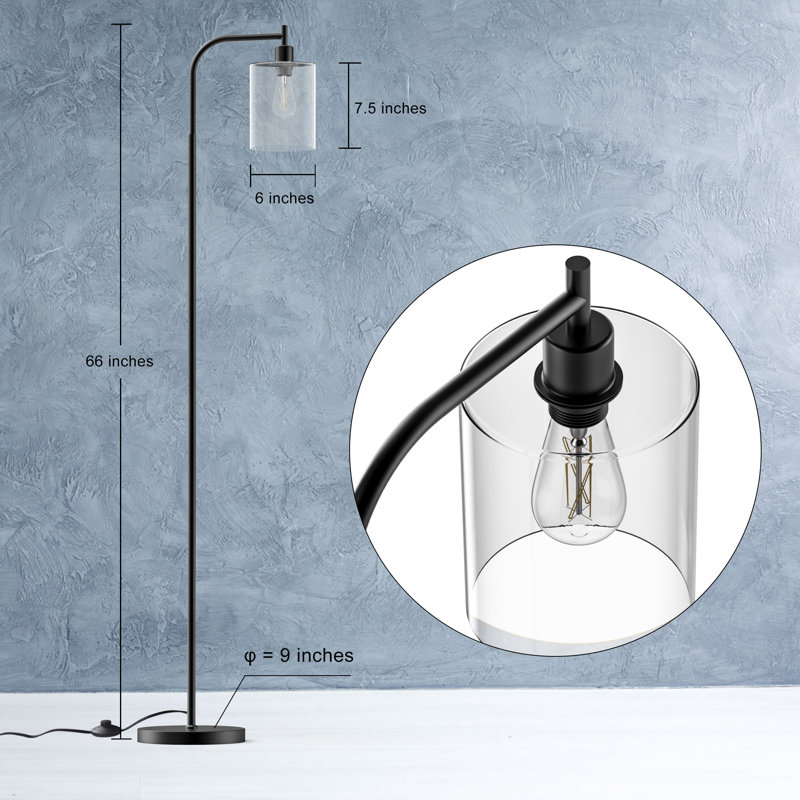Rogan Modern Standing Tall Industrial Arched/Arc Floor Lamp with Glass Shade and 2 Bulbs Included, Black