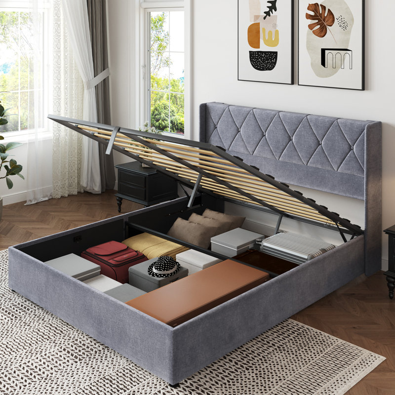 Hydraulic Lift Up Storage Upholstered Platform Bed, Queen